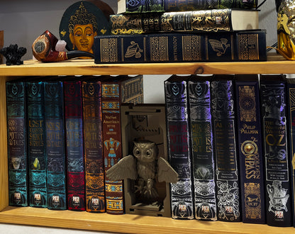  3D-printed adjustable owl book nook filling a gap on a wooden bookshelf.